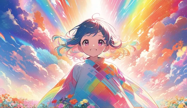 vibrant anime-inspired album cover, cheerful and energetic atmosphere, bright playful sky, glowing clouds, radiant rainbow, youthful female character with joyful expression, extending hand towards the horizon, surrounded by blooming flowers, warm and livel...