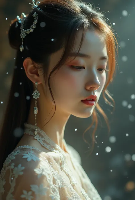 masterpiece, smiling chinese 1girl, long hair, light-brown hair, silver ornaments, best quality, 80s dark fantasy movie still, muted colors, dim colors, soothing tones, light-brown eyes, half shut eyes, floating snow particles, lace dress, shinny earrings,...