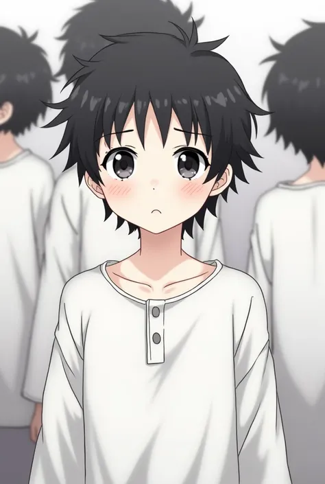 Image is an anime-style illustration featuring a young character with large, expressive eyes and short, tousled black hair. The character has a pale complexion and a neutral expression, wearing a loose, white, long-sleeved shirt with a single button near t...