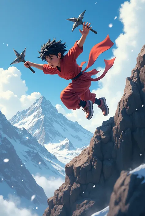 Boy battling a Shuriken jumping on top of a mountain