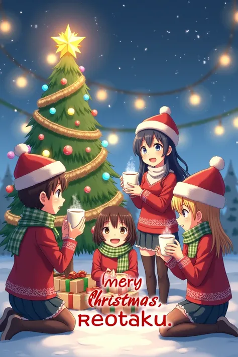 "A festive anime-inspired scene featuring a group of cheerful anime characters gathered around a decorated Christmas tree. The characters are wearing cozy winter outfits, holding presents, and enjoying hot cocoa. The background showcases a snowy landscape ...