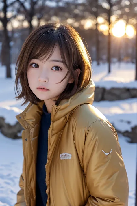 ((masterpiece)), ((photo realistic)), ((highest quality)), full body, Japanese girl, puffy face, broad jawline,big beady eyes, (no make up:1.3), (flat chest:1.1), light brown hair, (messy hair:1.2), very short hair,  Down Jacket, grimace, tearful face, tro...