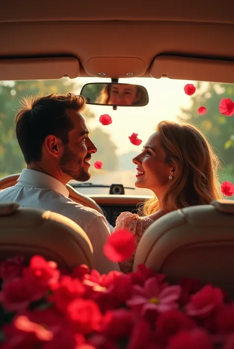 A man at driving seat in a car and woman beside him opens the mirror and rose petals fall from it as surprise for her. She is happily surprised 