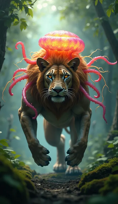 A monstrous hybrid of a lion and jellyfish prowling in the dense forest, muscular feline body with glowing jellyfish tentacles extending from its mane, dynamic pose, dappled sunlight breaking through tree leaves, ultra-realistic textures and details, high ...