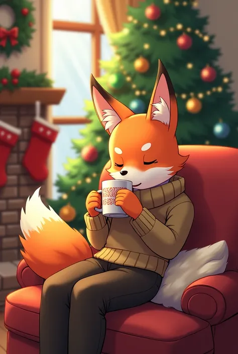 Draw an anime-style fox drinking coffee at Christmas in a house with a Christmas tree