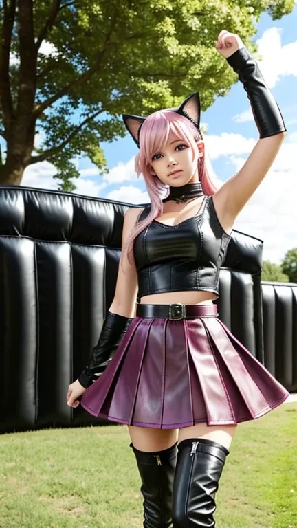  teenager with pink hair,  slim model , Leather top , pleated leather skirt, leather arm warmer  ,  knee-high leather boots, Cat ears, bouncy castle 