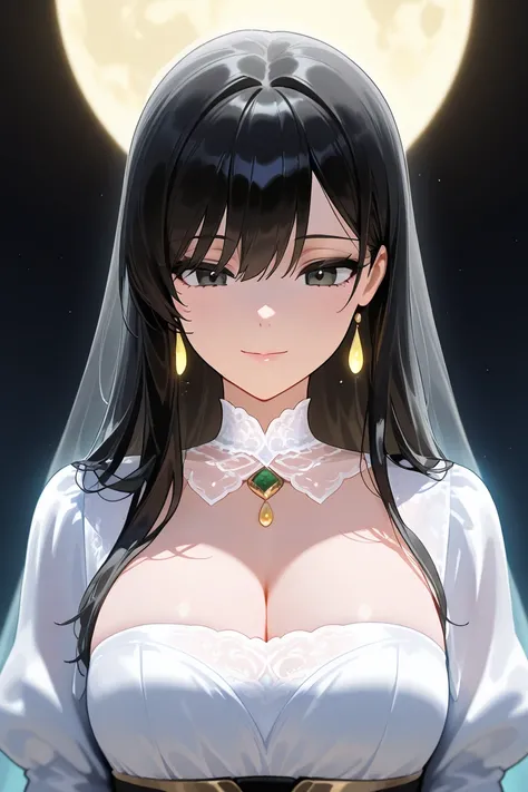 Masterpiece, ultra-detailed,straight black-haired beautiful girlMasterpiece, ultra-detailed, bust-up portrait of an alluring black-haired beautiful girl under the moonlight. She is elegantly dressed.Her long, flowing black hair glimmers softly in the moons...