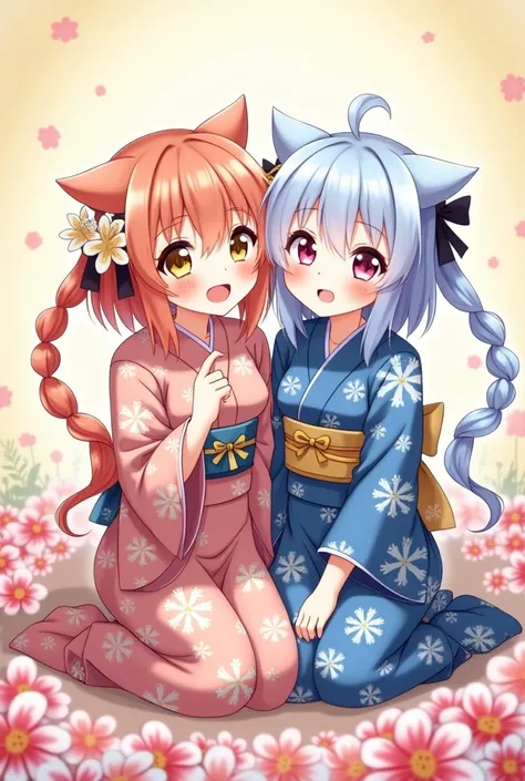 Two adorable cute lolis wearing kimonos, one with salmon-colored hair, a white skin, bright golden eyes, and the other light blue with pink and fusia eyes, smiling with blushed cheeks as both together on the floor full of anime flowers