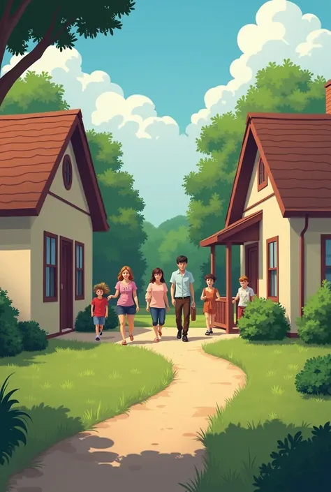 A picture of a group of people leaving one house and heading towards another house
The picture