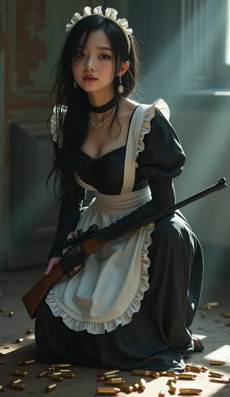 A Masterpiece, 8K, realistic photography professional a woman in a black and white maid costume is crouches down with a shotgun, epic stunning fantasy character art style hd, with a weapon, stunning and epic fantasy character art style, black and white mai...