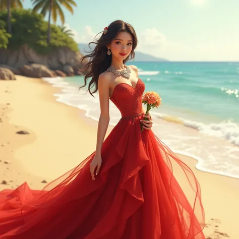 A bride wearing a red wedding dress, and have a flower in her hand,  in the beach, wearing a necklace have name ZAMI, make it realistic