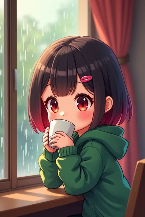 make a short haired cute and beautiful white Asian girl in a green hoodie sipping coffee in a chill rainy season, staring at her windows. add pink wendy hair clip to her red highlighted hair. Make it into a chibi.
