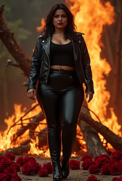 High-end fashion photography, plump, dark tan, strong, dark gray-blue eyes, the model poses confidently against the backdrop of hellfire, adorned with a tight tank top, tight black leather pants, paired with a leather jacket, zipper, and high-heeled leathe...