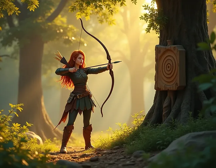 "A dense medieval forest bathed in the golden light of dawn, Sthel, a tall young warrior with long, wavy auburn hair and striking blue eyes is confidently holding a bow, aiming at a wooden target carved into an ancient tree; her leather armor and hunting b...