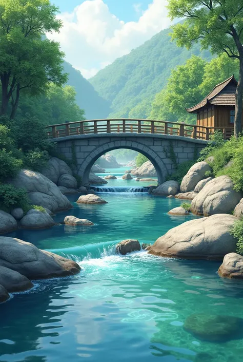  River water flows. rocky . Concrete bridge . bamboo house .