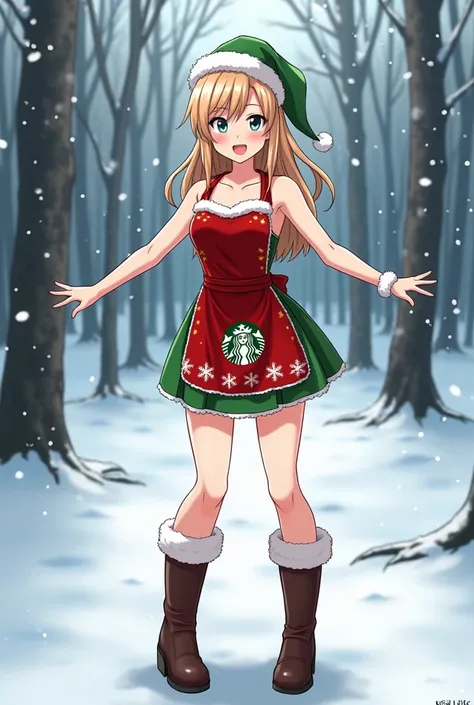 anime, a woman, wearing only christmas themed red and green décolletage backless sleeveless short starbucks apron and fur boots, standing in a excited pose with arms stretched towards viewer in snowy winter forest