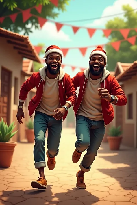 two young men from the garage are running to celebrate Christmas in the village, but they are African