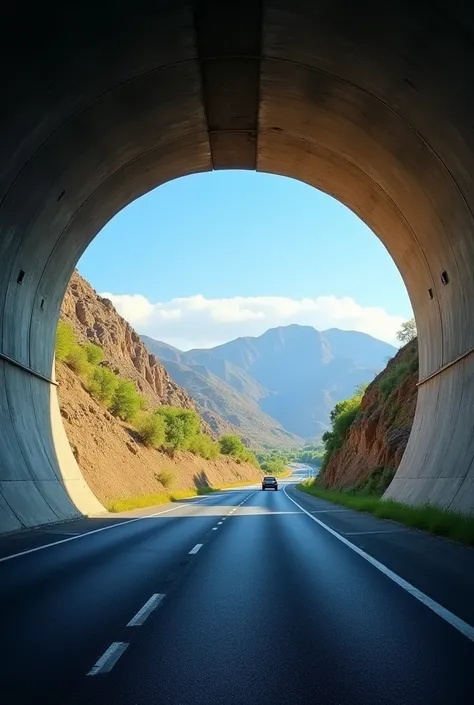 A scenic tunnel in the Motorway M2, located in the breathtaking Kalar Kahar Salt Range, with the sun casting a warm glow on the surrounding mountains, the tunnels concrete walls and ceiling a dull grey, contrasting with the lush green vegetation and rocky ...