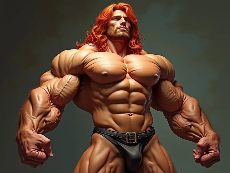 Huge female bodybuilder. Narrow waist. Thick pecs. Ripped muscles. Unrealistically immense pecs. Naked Long Red hair. Realistic art style. Extreme and thick veins cover muscles. Unnaturally huge. Broad shoulders. Tan skin. Ripped eight-pack abs. Hairy. Ful...