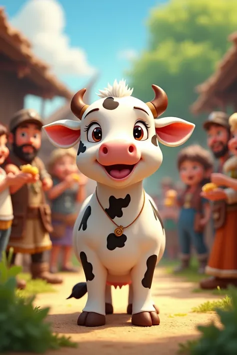 Now the villagers loved  cow even more and fed her delicious fodder. Cow was happy that she saved an innocent life and became a hero in the village."cow full coat of white and black dots.disney  animated 
