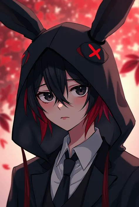 anime (Describes handsome men+ Black Hair Red Tipped + Clear Black Rabbit Hood+ Student Shirt+Tie +Fruitless Leaf Season +alone+There is a rabbit eye as an X on the hood)