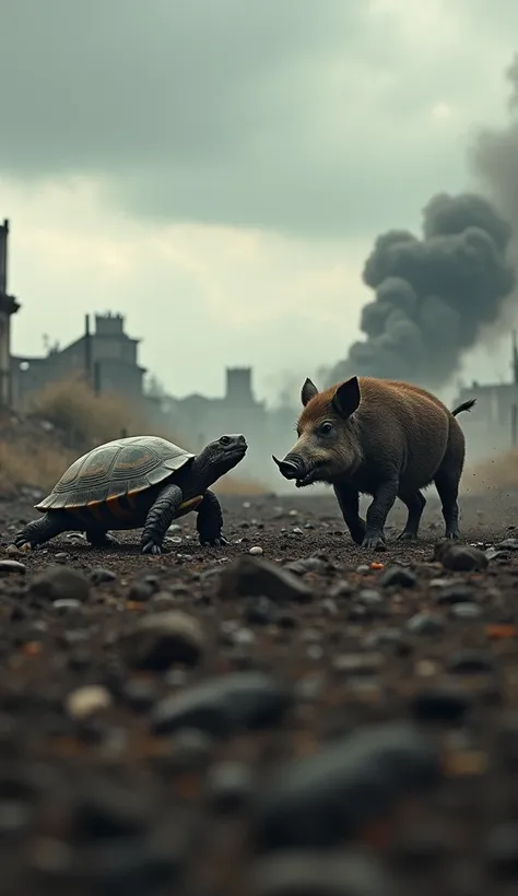 " In a field devastated by a fierce war ,  two animals dramatic confrontation ,  its figures contrasting with the destroyed landscape at Around . the turtle,  with its resistant and battle-scarred shell find , Its slow ,  but determined ,  his paws firm ag...