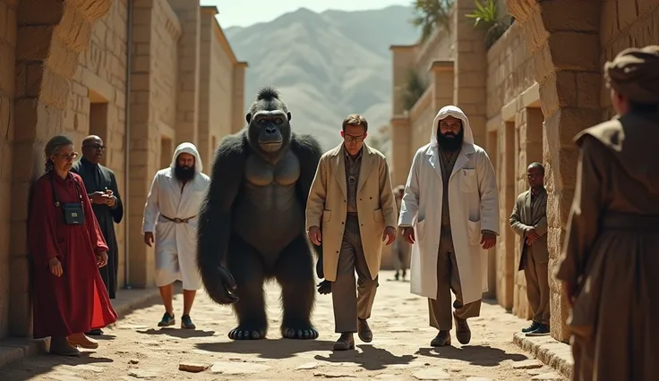 Gorilla, two doctors and scientist entry The place of jesus. High resolution, high image quality, realistic, reqlity, photography, betlehem. Rich man, redneck, ginger and gorilla