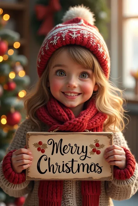 A girl is holding a board in her hand And Merry christmas written on the board