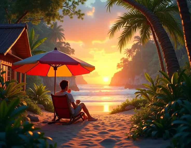 RAW uhd full A realistic sunset scene in a lush jungle, with a person seated under a colorful beach umbrella, sipping coffee. The environment includes dense green foliage, tropical plants, and realistic birds perched on branches singing. iluminação especul...