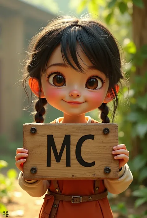 A girl is holding a board in her hand And MC written on the board