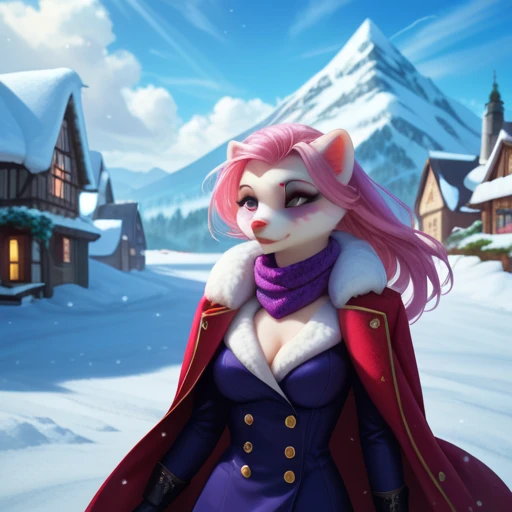 One Girl, anthro Ferret, furry, dark pink fur body, brown face pattern, long pink hair, long hair, Perfect figure, medoum breasts, Red Fur coat, A long purple scarf around her neck flutters in the wind, Blizzard, Wearing black gloves, Send a thief, Purple ...