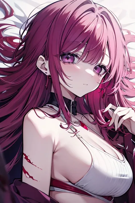  Beautiful Woman with Long Burgundy and Pink Purple Hair、Earrings、 Shedding Lots of Blood from My Stomach 、 Uninterrupted Consciousness 、Bloodbath、 Bloody Clothes 、Dying 、 Vanishing Life 、Bloody、Lying Girl、Deep wounds、 Self-Sacrifice 、Painful face、 Attempt...