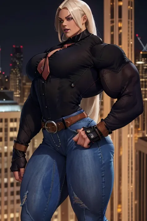 ((Close-up)), tall, (white hair), beautiful muscular woman, long hair, brown skinned, (black lipstick), smirking, (massive muscles), (hyper muscle), ((ginormous bulky muscles)), blue eyes, (((((long sleeve collared shirt))))), ((((skinny jeans and belt))))...