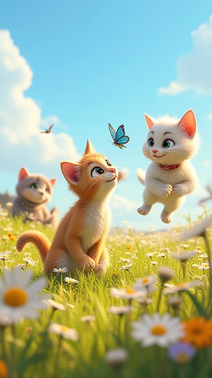  The three kittens playing in a field full of wild flowers.  Lilo tries to touch the blue butterfly with her paw ,  while Mimi happily jumps between daisies . Téo , sitting on a small grassy hill ,  observes the scene curiously .  The sky is blue with some...