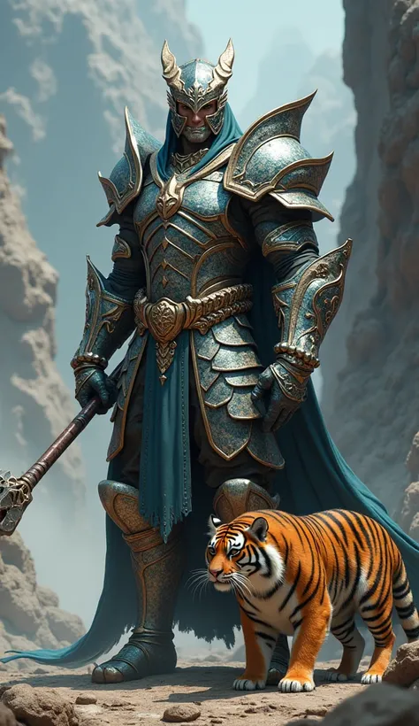 Picture a warrior in glowing dragon-scale armor, holding a long weapon, with a small, loyal tiger by their side, both ready to fight together.
