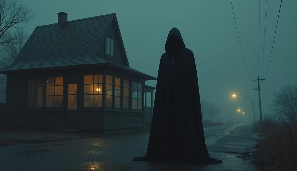 a creepy black hooded figure in standing beside a restaurant in a creepy quiet empty ambience place
