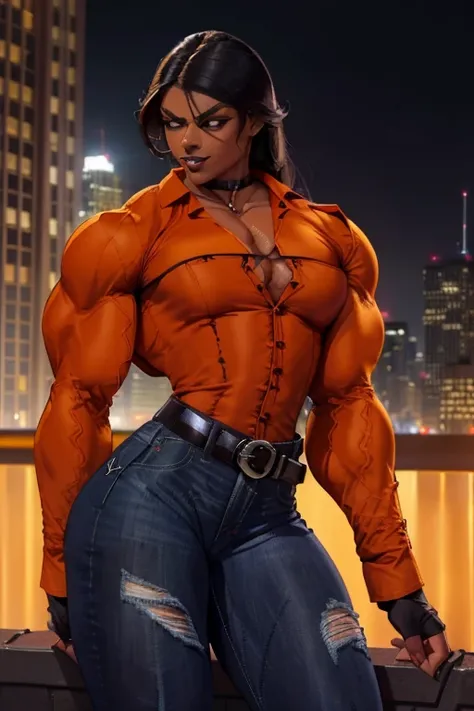 ((Close-up)), tall, (black hair), beautiful muscular woman, long hair, brown skinned, (black lipstick), smirking, (massive muscles), (hyper muscle), ((ginormous bulky muscles)), orange eyes, (((((long sleeve collared shirt))))), ((((skinny jeans and belt))...