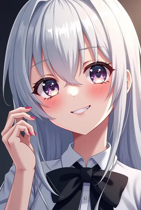 anime girl with white hair and black bow tie smiling, an anime drawing inspired by Li Chevalier, tumblr, gothic art, girl with white hair, anime visual of a young woman, white haired lady, 1 7 - year - old anime goth girl, white haired, griffith, white hai...