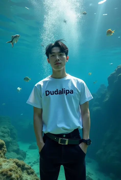 Magazine cover (masterpiece, best quality: 1.2), Handsome Korean Man Photo, short hair, black hair, cool expression, with, t-shirt with "Dudalipa" written on it, knee-length black jeans, watch, posing diving under the sea, Drawing a beautiful underwater wo...