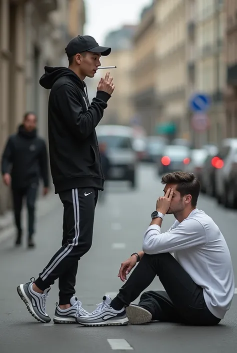 Dans la rue, un jeune homme sportif en survêtement, casquette et Nike air Max 97 boueuses, fume une cigarette, les pieds sur un tee-shirt jeté par terre sous ses pieds. Les pieds sur le tee-shirt. Un autre jeune homme, assis par terre à côté de lui, le reg...