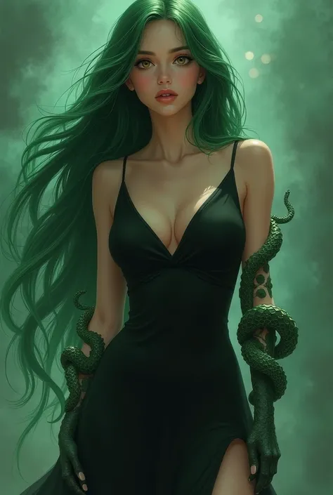 Young jellyfish woman , pele morena, natural beauty.  Very long hair and green .  brown-eyed . full and sensual lips .  Slender body with large breasts .  A snake design covering her wrists.  Simple and sophisticated black dress . Character Kalina ,  book ...