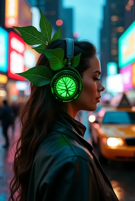 real-leaf headphones, glowing softly with vibrant green bioluminescent leaves, intricate leaf veins and organic textures, tree-branch headband with natural bark finish, worn by a fashionable woman in a buzzing New York street, surrounded by bright digital ...