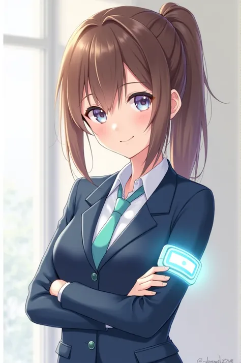 Anime girl with brown ponytail hair, she wears a blue suit with phophorescent armband. She smiles gently to you