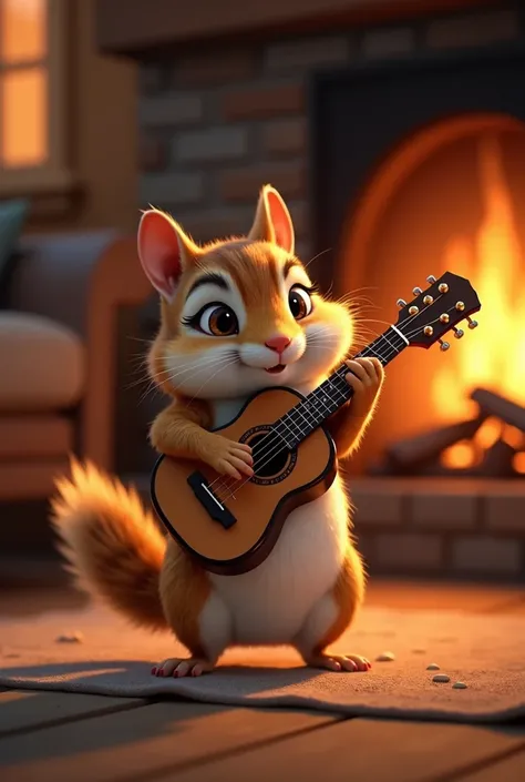  cute cute chipmunk very realistic and cinematic,   full body  ,    Little Characters Who Stand Tiny Toe,   Red nose ,    fluffy tail ,   In front of the fireplace,   Guitar Practice