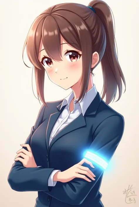 Anime girl with brown ponytail hair, she wears a blue suit with phophorescent armband. She smiles gently to you