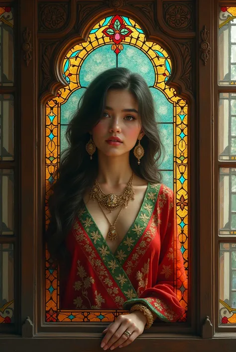 An old window with carved wooden frame and stained glass and patterned glass and a beautiful young woman with beautiful makeup and traditional crimson and green and gold dress in the style of Old Iran and abundant jewelry