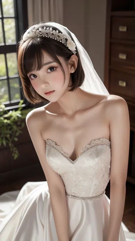  wedding dress,A very young beautiful girl,Very slim body,Short brown hair,Correct human body, detailed eyes, detailed face , very beautiful face, very cute face , sexy lips, beautiful skin, evenly balanced eyes,Droopy eyes, Very Embarrassing Face , Sexual...