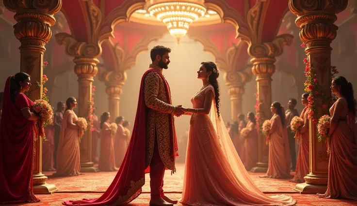 Royal Wedding: A grand royal ceremony with Vikramaditya and Madhavi dressed in regal wedding attire, standing before a decorated mandap, surrounded by joyous onlookers.