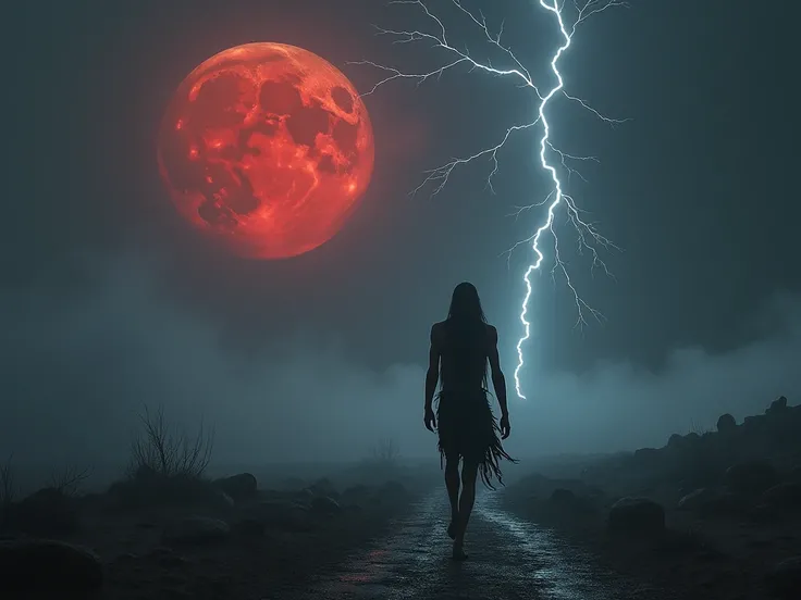 A blood-red moon casts an ominous glow over a foreboding, mystical landscape shrouded in an eerie mist, as white lightning bolts illuminate the darkened sky in a mesmerizing display of celestial fury, casting an otherworldly glow over the desolate terrain....