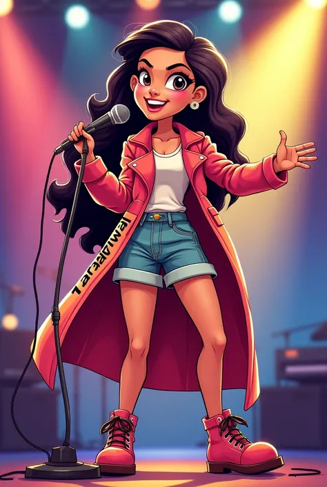 create an catoon image of a ladies singer with name Tara Katwal on her coat